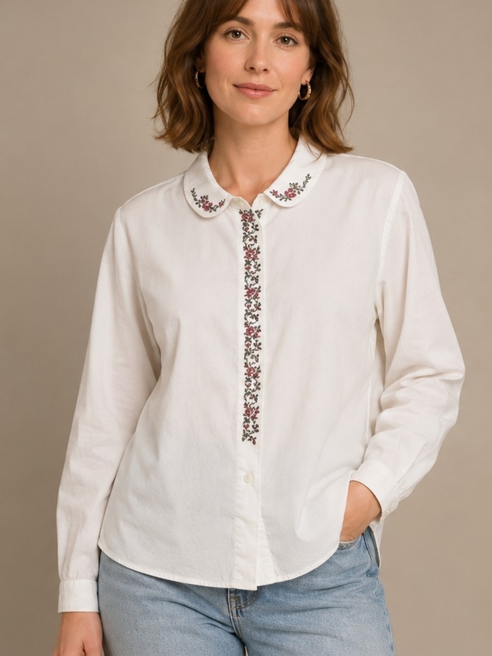 Laura Ashley White Button Front Shirt Embroidered Floral Trim Size 14